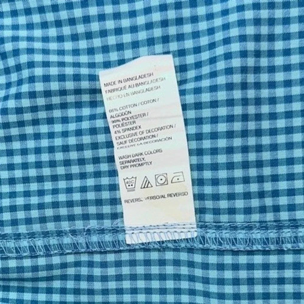 IZOD Button Down Shirt Mens M Blue Teal Gingham Non-Iron Stretch Long Sleeve